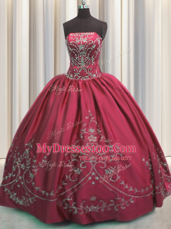 Fitting Embroidery Floor Length Coral Red 15th Birthday Dress Strapless Sleeveless Lace Up