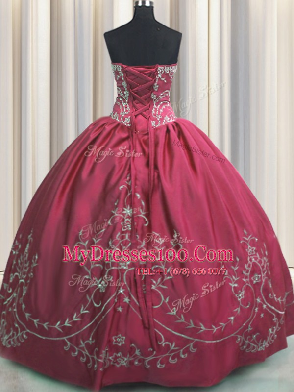 Fitting Embroidery Floor Length Coral Red 15th Birthday Dress Strapless Sleeveless Lace Up