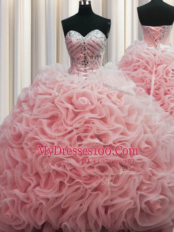 Rolling Flowers Brush Train Floor Length Lace Up Quince Ball Gowns Baby Pink for Military Ball and Sweet 16 and Quinceanera with Beading and Pick Ups