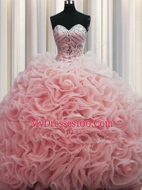 Rolling Flowers Brush Train Floor Length Lace Up Quince Ball Gowns Baby Pink for Military Ball and Sweet 16 and Quinceanera with Beading and Pick Ups