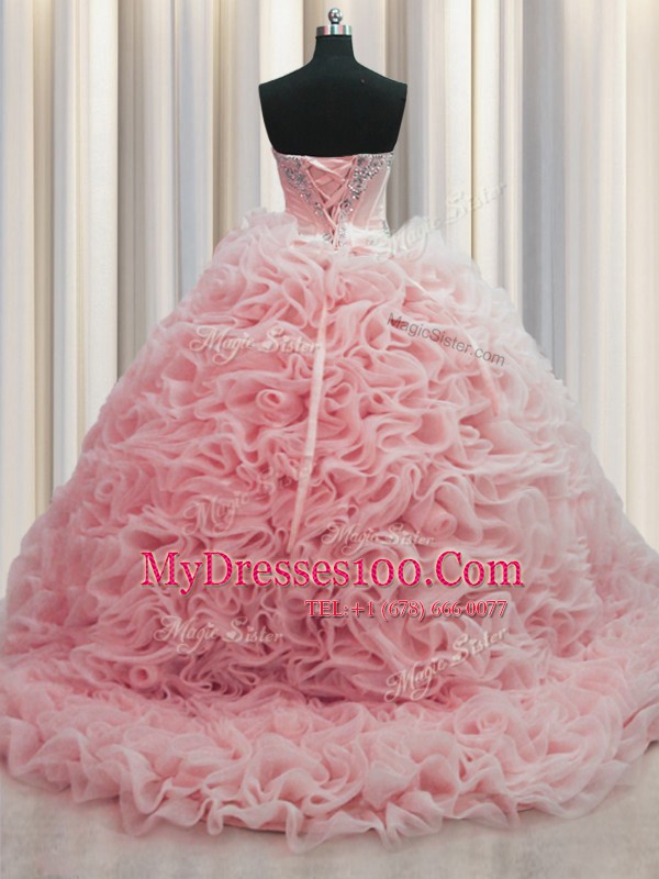 Rolling Flowers Brush Train Floor Length Lace Up Quince Ball Gowns Baby Pink for Military Ball and Sweet 16 and Quinceanera with Beading and Pick Ups