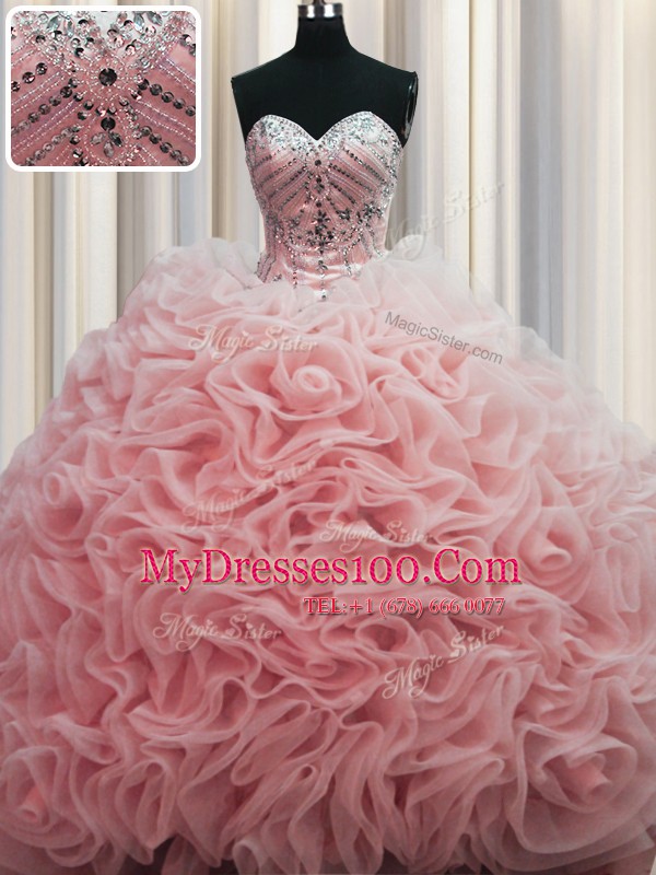 Rolling Flowers Brush Train Floor Length Lace Up Quince Ball Gowns Baby Pink for Military Ball and Sweet 16 and Quinceanera with Beading and Pick Ups