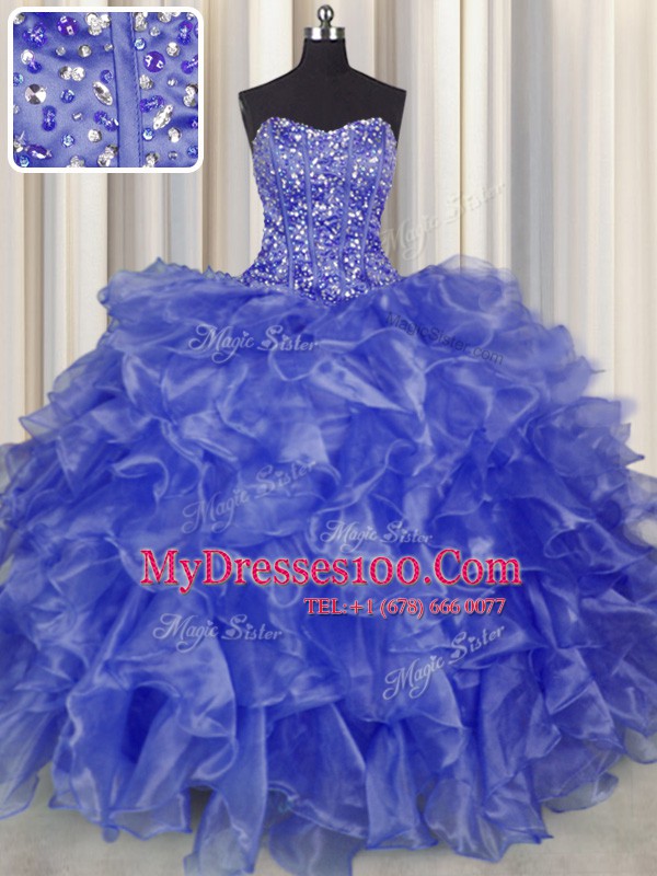 Glorious Visible Boning Ball Gowns Quinceanera Gowns Blue Strapless Organza Sleeveless Floor Length Lace Up