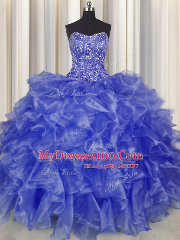 Glorious Visible Boning Ball Gowns Quinceanera Gowns Blue Strapless Organza Sleeveless Floor Length Lace Up