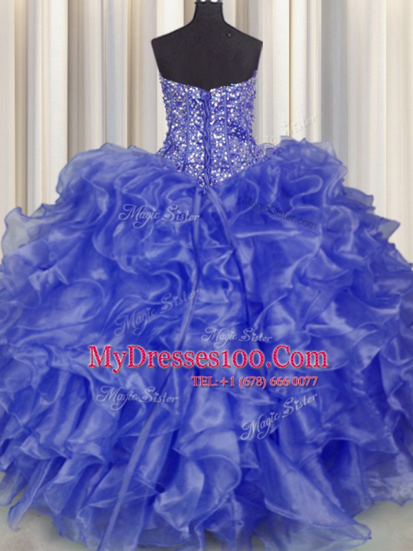 Glorious Visible Boning Ball Gowns Quinceanera Gowns Blue Strapless Organza Sleeveless Floor Length Lace Up