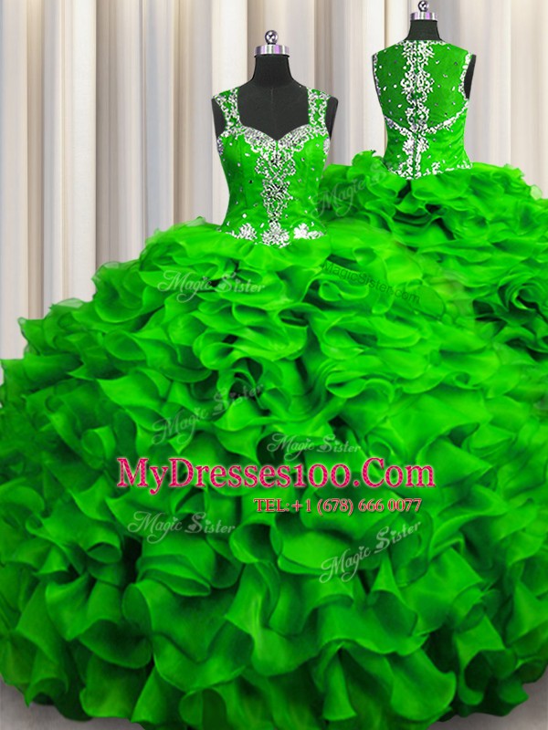 Stylish Zipple Up See Through Back Floor Length Quinceanera Dress Organza Sleeveless Beading and Ruffles