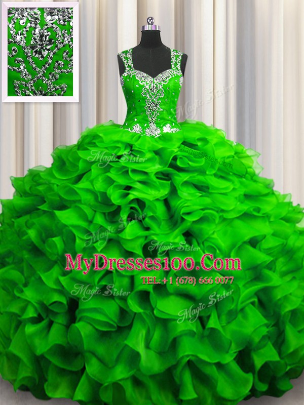 Stylish Zipple Up See Through Back Floor Length Quinceanera Dress Organza Sleeveless Beading and Ruffles