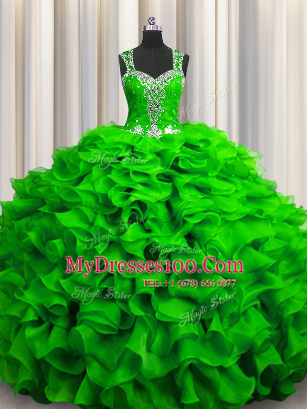 Stylish Zipple Up See Through Back Floor Length Quinceanera Dress Organza Sleeveless Beading and Ruffles