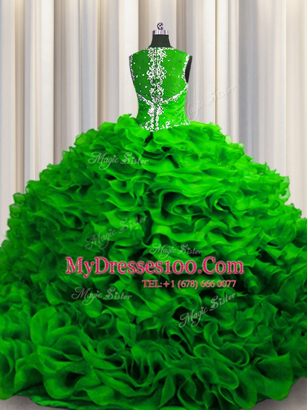 Stylish Zipple Up See Through Back Floor Length Quinceanera Dress Organza Sleeveless Beading and Ruffles