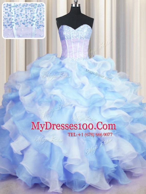 Two Tone Visible Boning Blue And White Sleeveless Floor Length Beading and Ruffles Lace Up Ball Gown Prom Dress