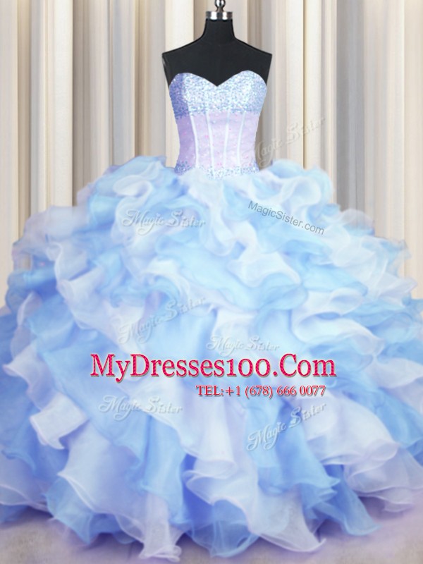 Two Tone Visible Boning Blue And White Sleeveless Floor Length Beading and Ruffles Lace Up Ball Gown Prom Dress