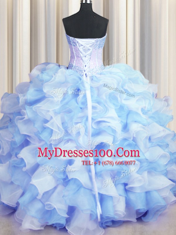 Two Tone Visible Boning Blue And White Sleeveless Floor Length Beading and Ruffles Lace Up Ball Gown Prom Dress