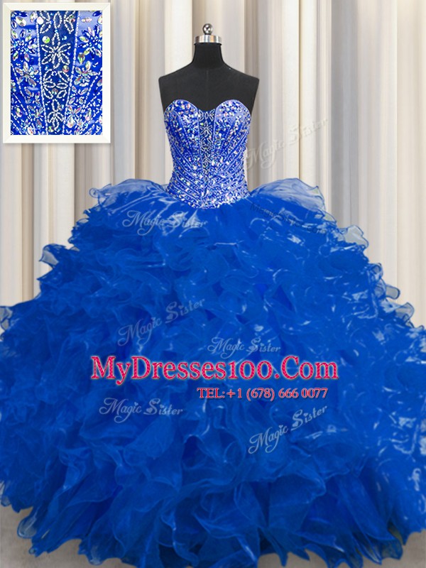 New Style See Through Ball Gowns Quinceanera Dress Royal Blue Sweetheart Organza Sleeveless Floor Length Lace Up
