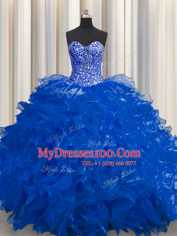New Style See Through Ball Gowns Quinceanera Dress Royal Blue Sweetheart Organza Sleeveless Floor Length Lace Up