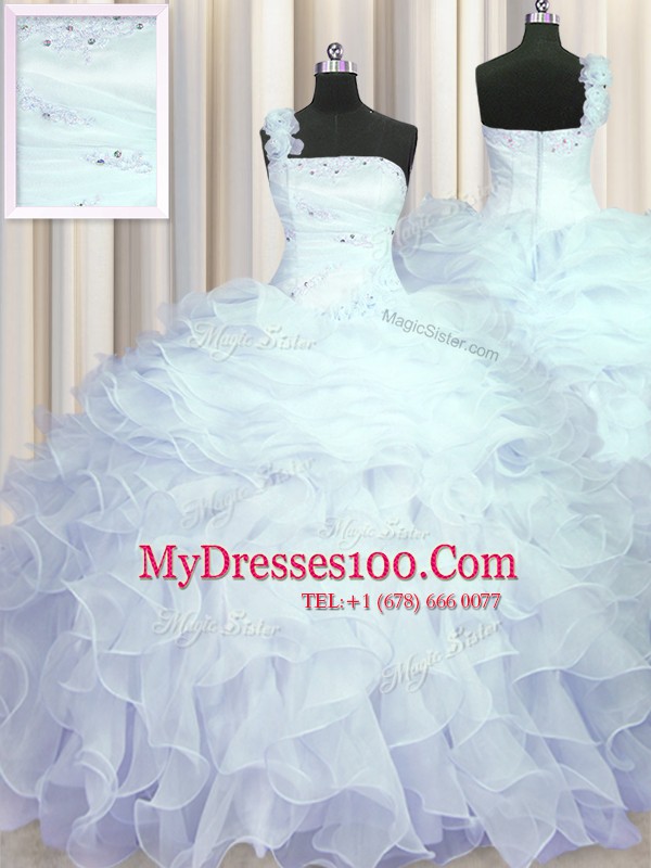 Ball Gowns Sweet 16 Quinceanera Dress Light Blue One Shoulder Organza Sleeveless Floor Length Zipper