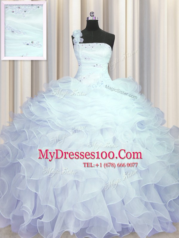 Ball Gowns Sweet 16 Quinceanera Dress Light Blue One Shoulder Organza Sleeveless Floor Length Zipper