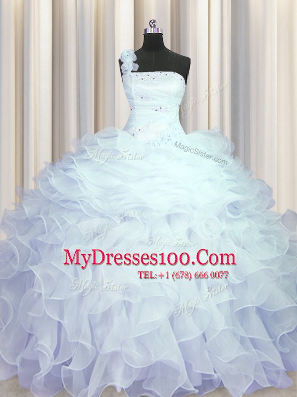 Ball Gowns Sweet 16 Quinceanera Dress Light Blue One Shoulder Organza Sleeveless Floor Length Zipper