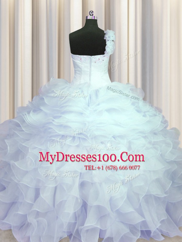 Ball Gowns Sweet 16 Quinceanera Dress Light Blue One Shoulder Organza Sleeveless Floor Length Zipper