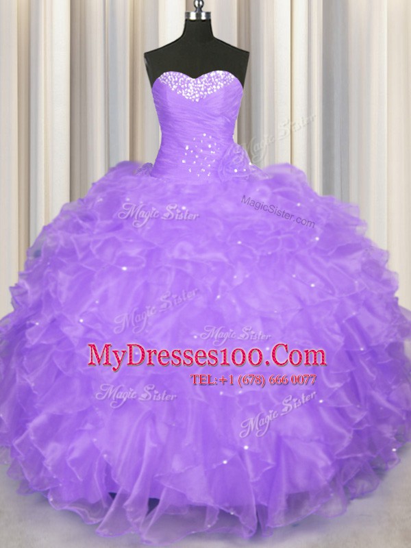 Beading and Ruffles Sweet 16 Dresses Lavender Lace Up Sleeveless Floor Length
