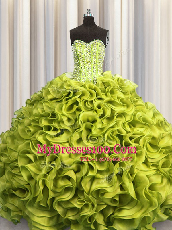 Visible Boning Sweetheart Sleeveless Organza Quinceanera Gowns Beading and Ruffles Lace Up