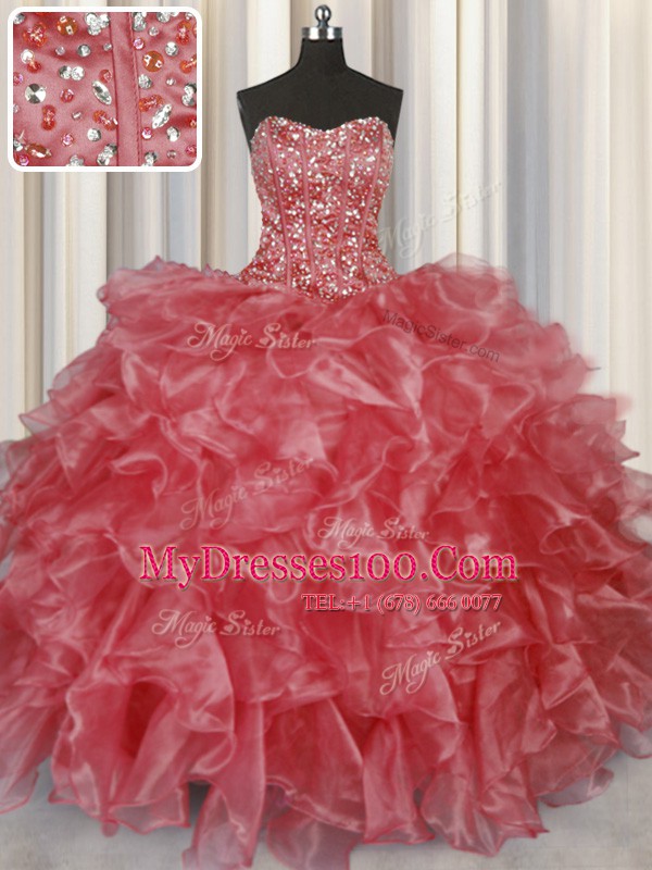 Customized Visible Boning Strapless Sleeveless Lace Up 15 Quinceanera Dress Coral Red Organza