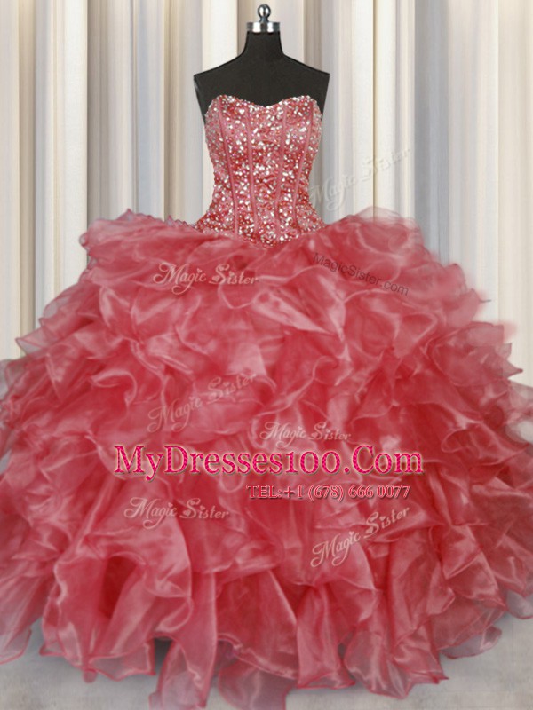 Customized Visible Boning Strapless Sleeveless Lace Up 15 Quinceanera Dress Coral Red Organza