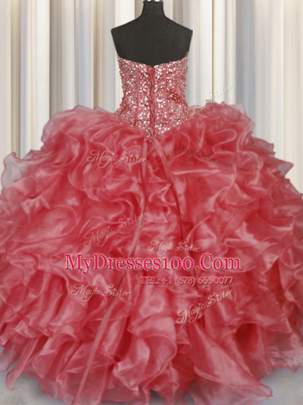 Customized Visible Boning Strapless Sleeveless Lace Up 15 Quinceanera Dress Coral Red Organza