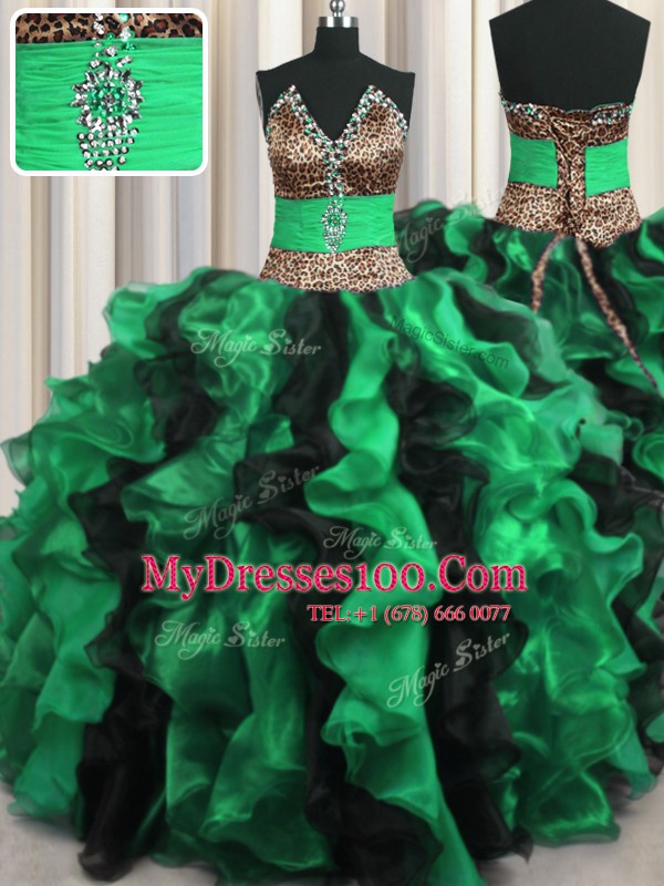 Leopard Two Tone V-neck Sleeveless Lace Up 15th Birthday Dress Multi-color Organza