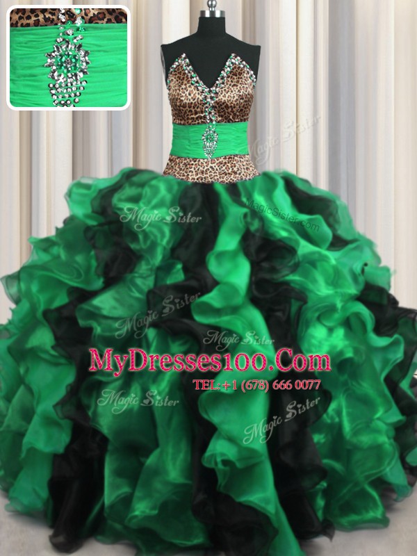 Leopard Two Tone V-neck Sleeveless Lace Up 15th Birthday Dress Multi-color Organza