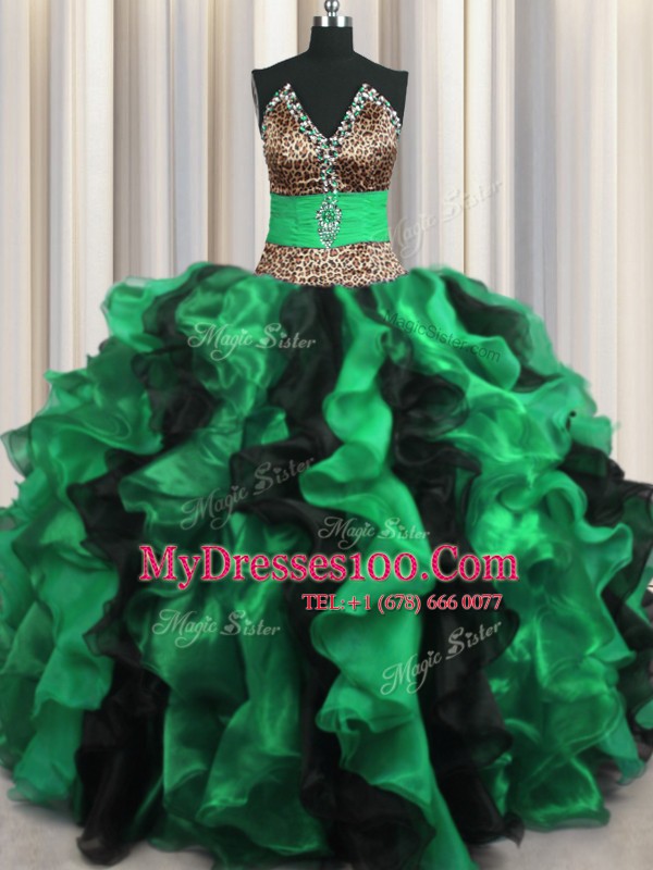 Leopard Two Tone V-neck Sleeveless Lace Up 15th Birthday Dress Multi-color Organza