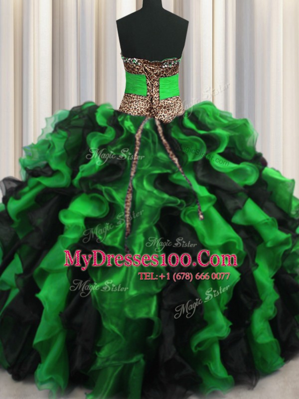 Leopard Two Tone V-neck Sleeveless Lace Up 15th Birthday Dress Multi-color Organza