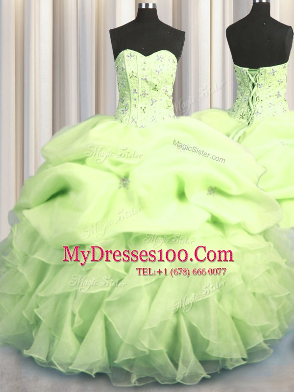 Visible Boning Organza Sleeveless Floor Length Vestidos de Quinceanera and Beading and Ruffles and Pick Ups