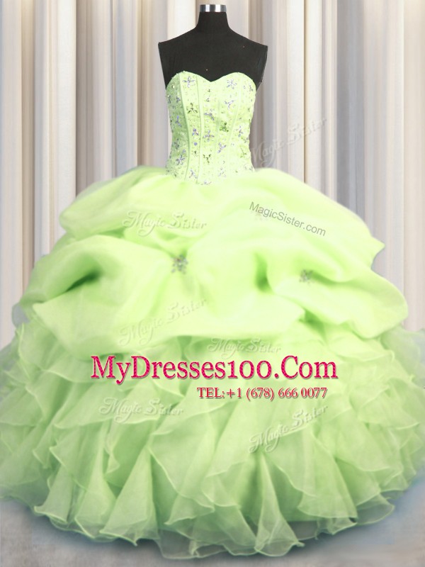Visible Boning Organza Sleeveless Floor Length Vestidos de Quinceanera and Beading and Ruffles and Pick Ups