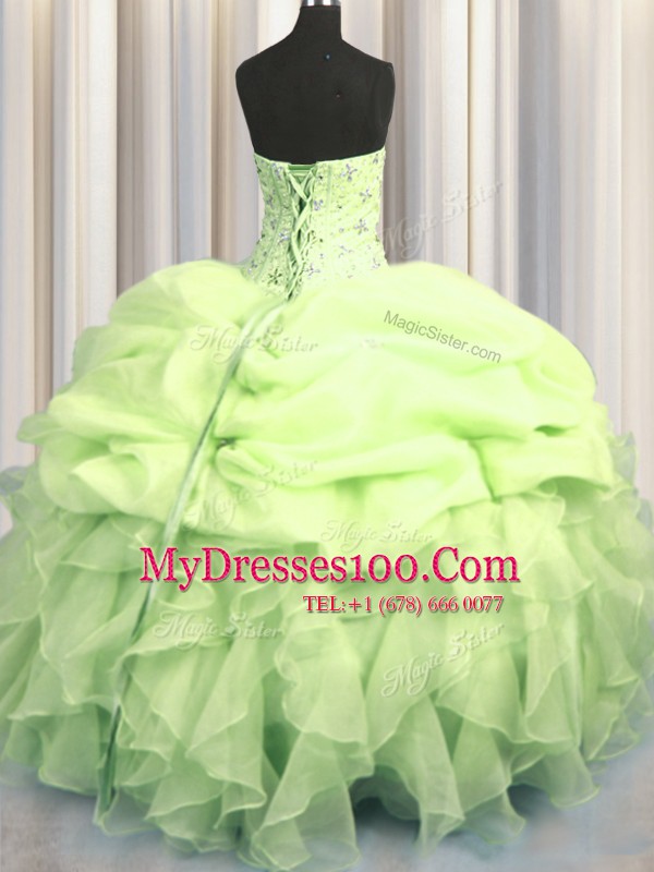 Visible Boning Organza Sleeveless Floor Length Vestidos de Quinceanera and Beading and Ruffles and Pick Ups