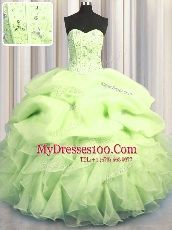 Visible Boning Organza Sleeveless Floor Length Vestidos de Quinceanera and Beading and Ruffles and Pick Ups