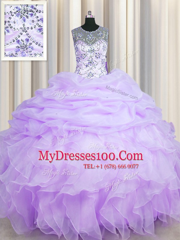 See Through Scoop Sleeveless Quinceanera Gown Floor Length Beading and Ruffles and Pick Ups Lavender Organza