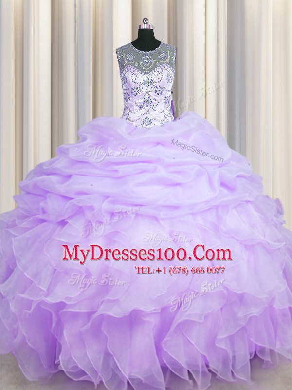 See Through Scoop Sleeveless Quinceanera Gown Floor Length Beading and Ruffles and Pick Ups Lavender Organza