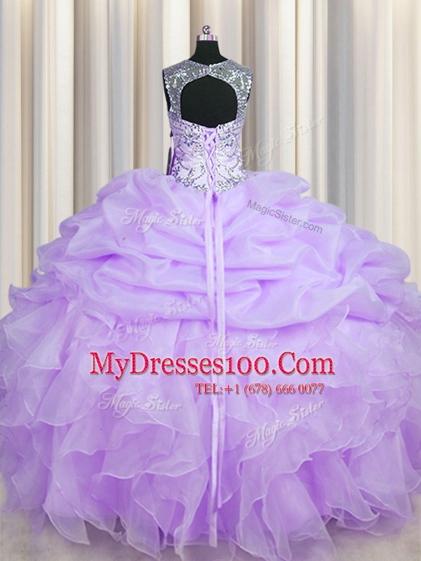 See Through Scoop Sleeveless Quinceanera Gown Floor Length Beading and Ruffles and Pick Ups Lavender Organza