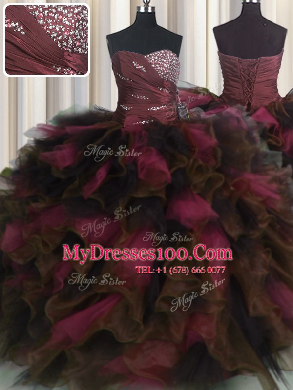 Custom Design Wine Red Lace Up Sweetheart Beading and Ruffles and Ruffled Layers Sweet 16 Dresses Organza and Tulle Sleeveless