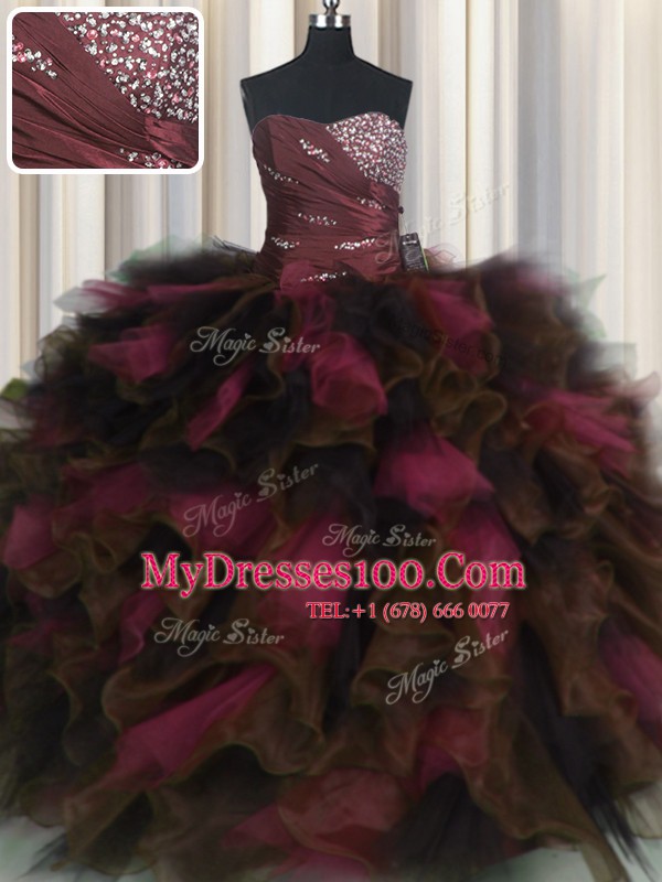 Custom Design Wine Red Lace Up Sweetheart Beading and Ruffles and Ruffled Layers Sweet 16 Dresses Organza and Tulle Sleeveless