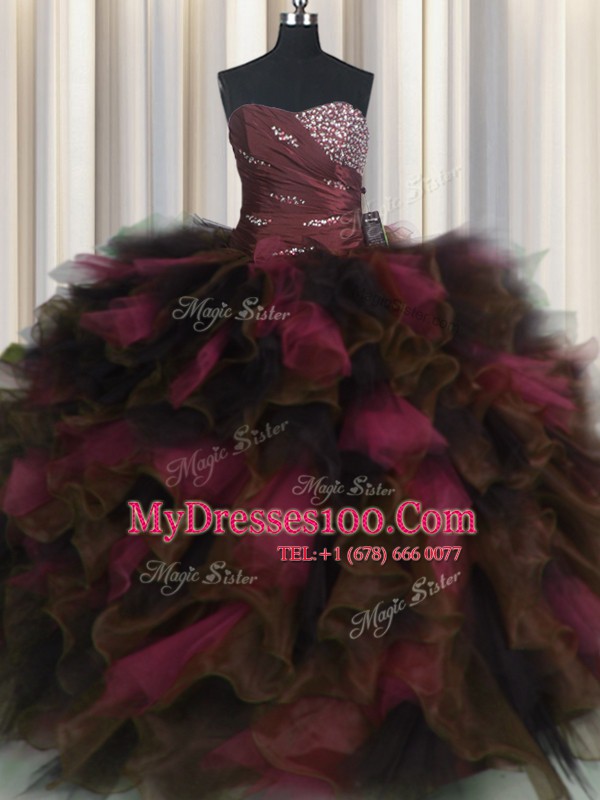 Custom Design Wine Red Lace Up Sweetheart Beading and Ruffles and Ruffled Layers Sweet 16 Dresses Organza and Tulle Sleeveless