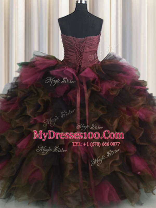 Custom Design Wine Red Lace Up Sweetheart Beading and Ruffles and Ruffled Layers Sweet 16 Dresses Organza and Tulle Sleeveless