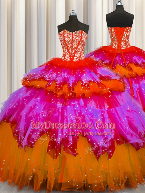 Extravagant Bling-bling Visible Boning Sweetheart Sleeveless Lace Up 15 Quinceanera Dress Multi-color Tulle