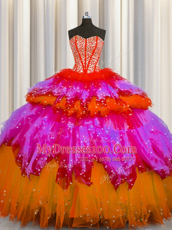 Extravagant Bling-bling Visible Boning Sweetheart Sleeveless Lace Up 15 Quinceanera Dress Multi-color Tulle