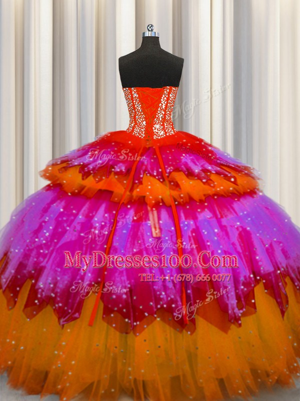 Extravagant Bling-bling Visible Boning Sweetheart Sleeveless Lace Up 15 Quinceanera Dress Multi-color Tulle