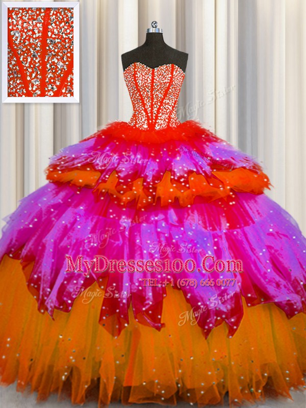 Extravagant Bling-bling Visible Boning Sweetheart Sleeveless Lace Up 15 Quinceanera Dress Multi-color Tulle