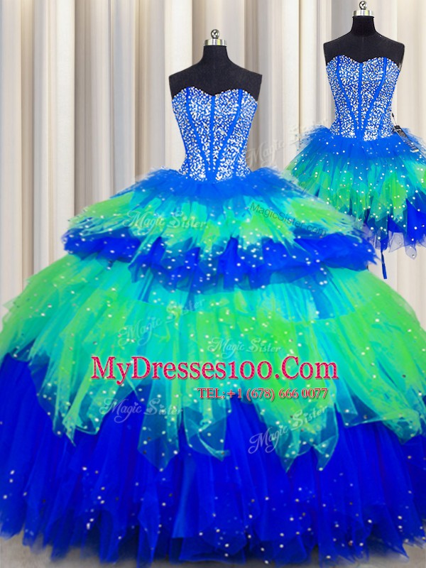 Three Piece Visible Boning Multi-color Ball Gowns Tulle Sweetheart Sleeveless Beading and Ruffles and Ruffled Layers and Sequins Floor Length Lace Up Quince Ball Gowns
