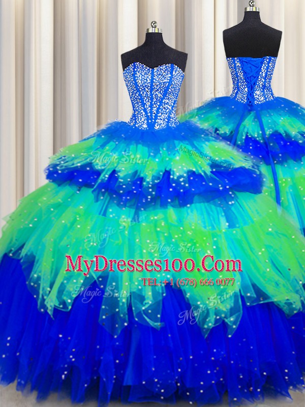 Three Piece Visible Boning Multi-color Ball Gowns Tulle Sweetheart Sleeveless Beading and Ruffles and Ruffled Layers and Sequins Floor Length Lace Up Quince Ball Gowns