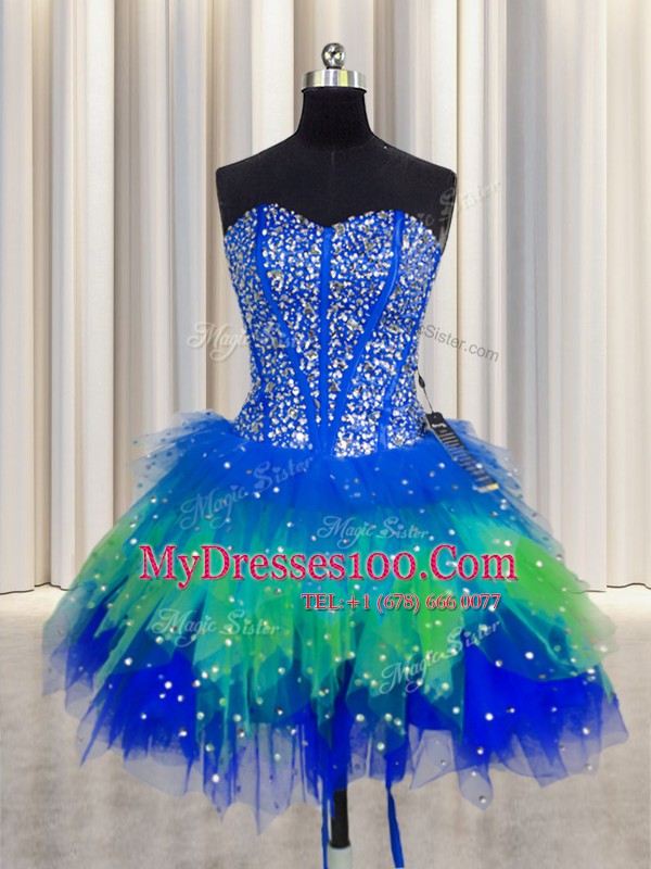 Three Piece Visible Boning Multi-color Ball Gowns Tulle Sweetheart Sleeveless Beading and Ruffles and Ruffled Layers and Sequins Floor Length Lace Up Quince Ball Gowns