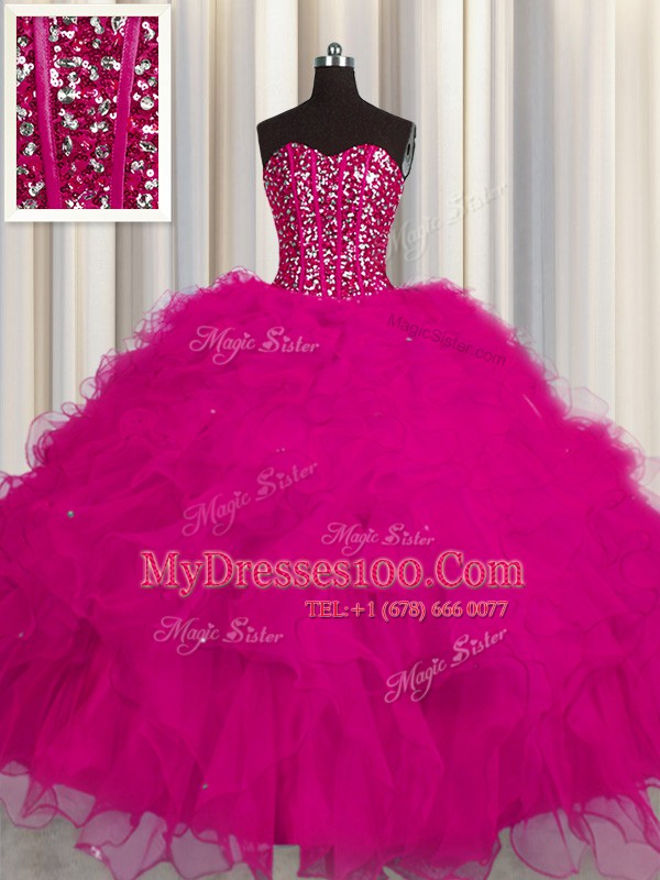 Adorable Visible Boning Floor Length Ball Gowns Sleeveless Fuchsia Sweet 16 Quinceanera Dress Lace Up